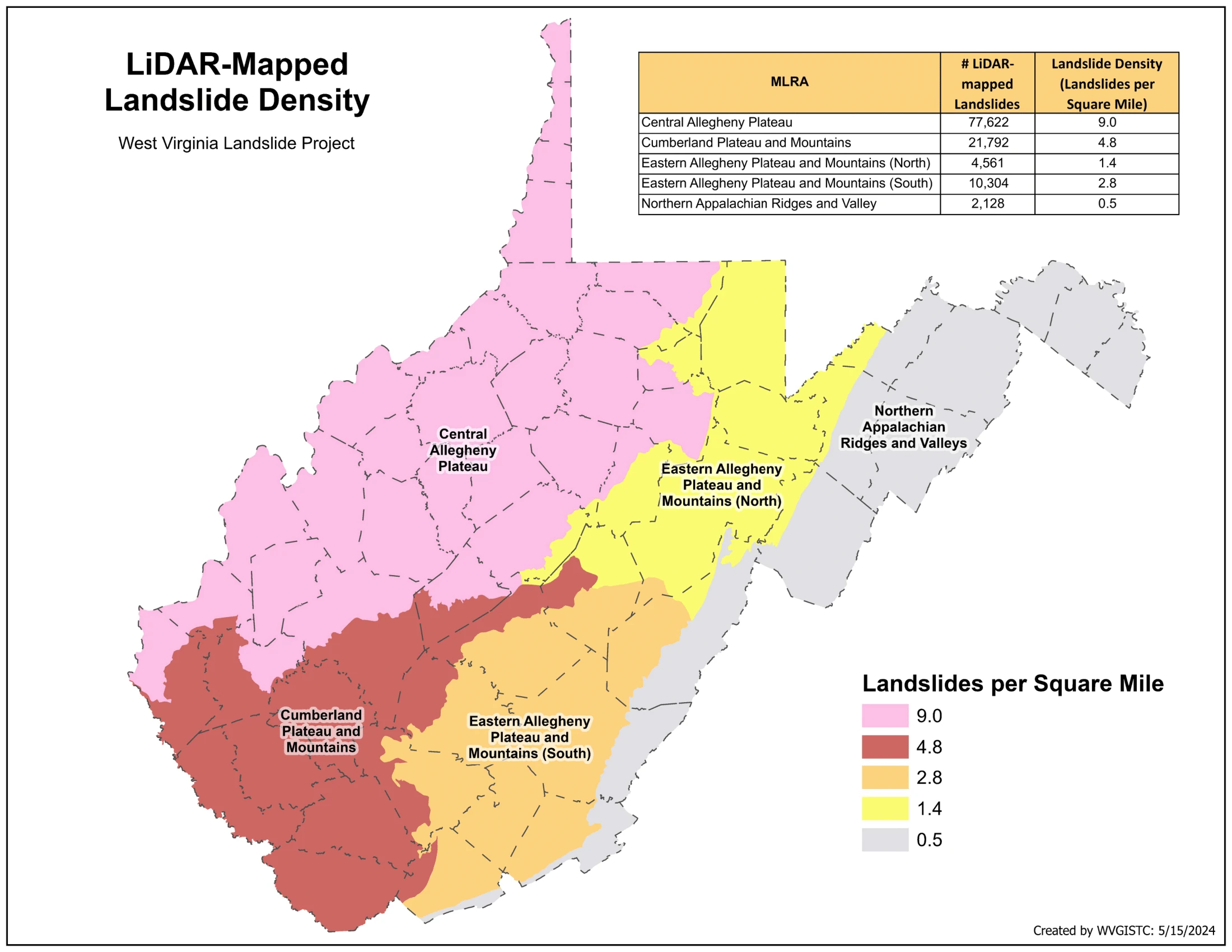 Map of West Virginia showing landslide density by region, with Central Allegheny Plateau having highest density at 9.0 landslides per square mile
