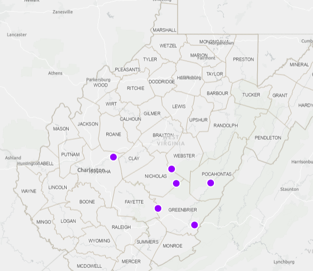 West Virginia report map with several selected locations